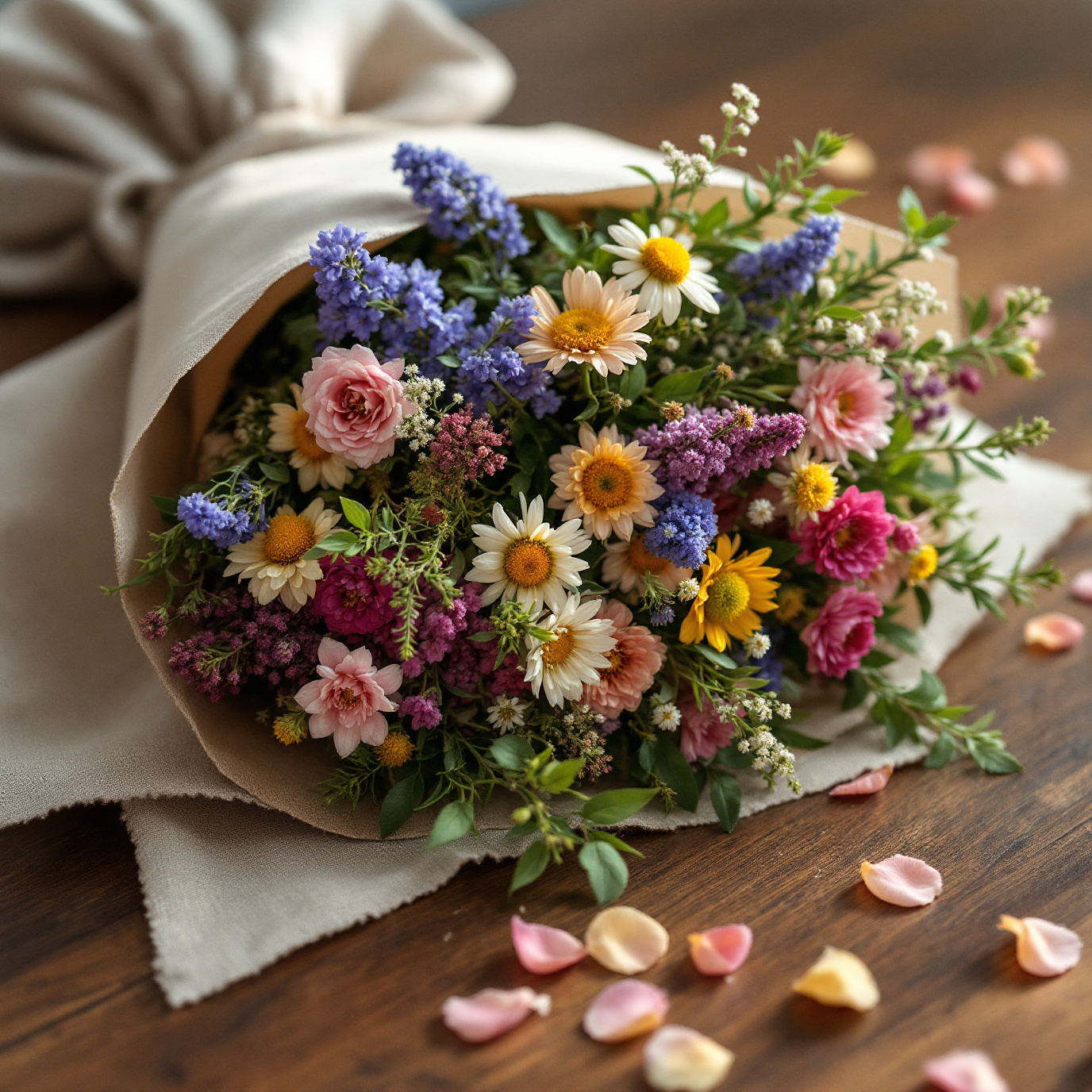 Wildflower Garden Bouquet — on wood table